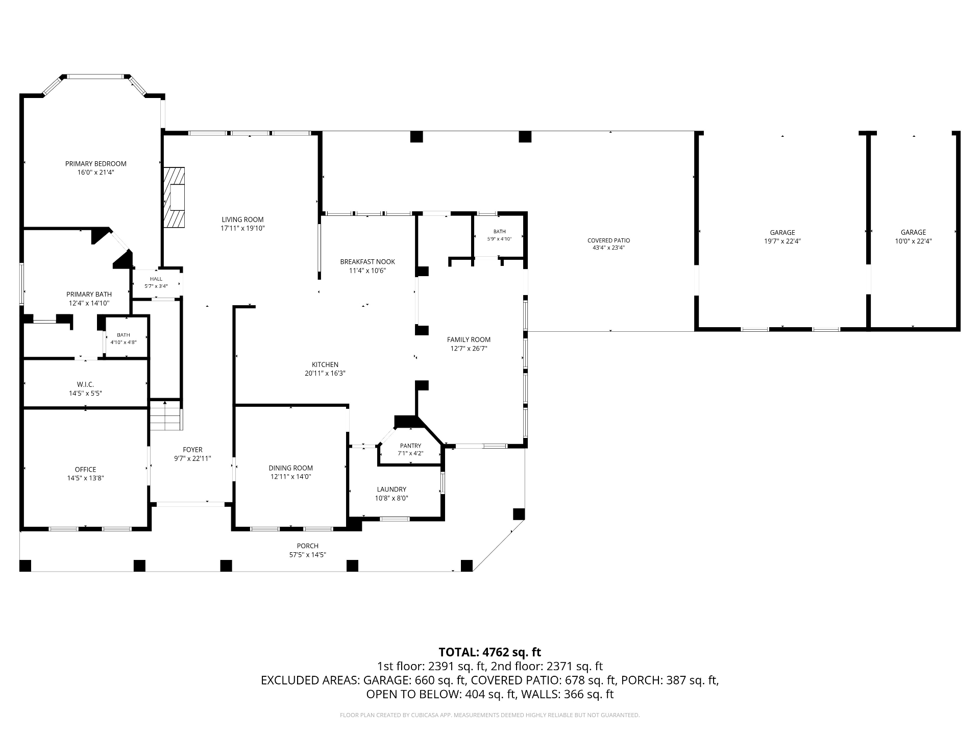 Primary bedroom and bath, living room, kitchen, breakfast nook, family room, dining, office, foyer, laundry, pantry, covered patio, and three-car garage.